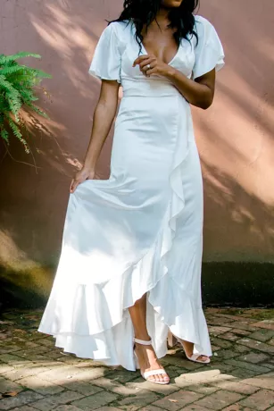 Flutter Sleeve Stretch Satin Dress With Ruffle Hem - Image 9