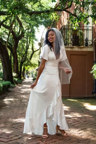 Flutter Sleeve Stretch Satin Dress With Ruffle Hem - Image 10