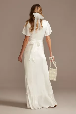 Flutter Sleeve Stretch Satin Dress With Ruffle Hem - Image 2