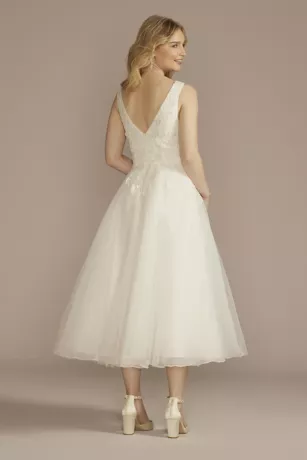 Tea-Length Plunging Neckline Lace Wedding Dress - Image 2