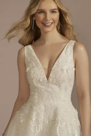 Tea-Length Plunging Neckline Lace Wedding Dress - Image 3