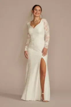 Long Sleeve Lace Scoop Back Sheath Wedding Dress