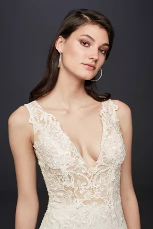 Illusion Lace Plunge Bodice Petite Wedding Dress - Image 3