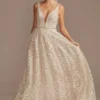 Geometric Sequin Illusion Plunge Wedding Dress