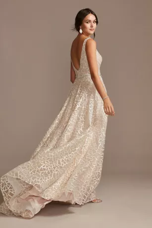 Geometric Sequin Illusion Plunge Wedding Dress - Image 2