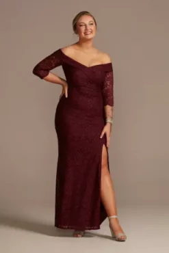 Off-the-Shoulder V-Neck Ruched Lace Gown