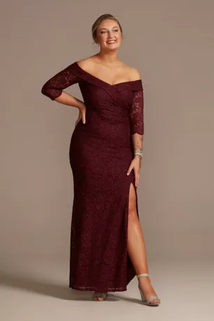 Off-the-Shoulder V-Neck Ruched Lace Gown