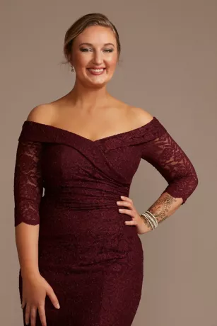 Off-the-Shoulder V-Neck Ruched Lace Gown - Image 3