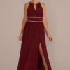 Halter Jersey Knit Gown With Rhinestone Waist