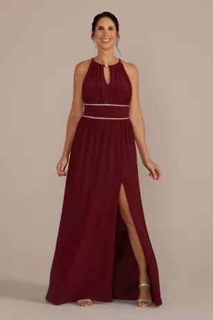 Halter Jersey Knit Gown With Rhinestone Waist