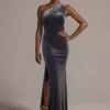 Cutout One-Shoulder Velvet Gown With Skirt Slit