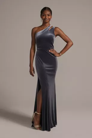 Cutout One-Shoulder Velvet Gown With Skirt Slit