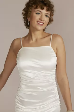 Ruched Stretch Satin Mini Dress With Ruffled Hem - Image 3