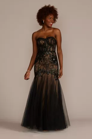 Strapless Corset Gown With Tulle Trumpet Skirt