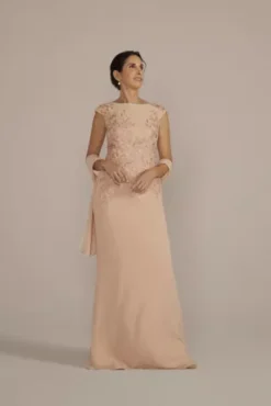 Floral Embroidered Chiffon Gown With Shawl