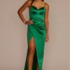 Draped Stretch Satin Sweetheart Dress With Slit