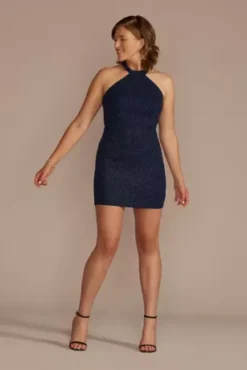 High Neck Stretch Glitter Mini Dress