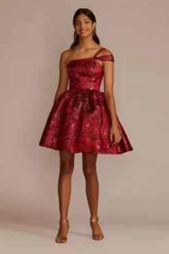 One-Shoulder Floral Brocade Damas Dress