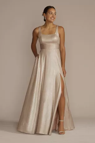 Square Neck Stretch Satin Metallic Tank Dress