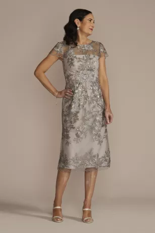 Scalloped Cap Sleeve Sequin Embroidered Sheath