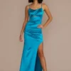 Scoop Neck Stretch Satin Sheath With Cutout