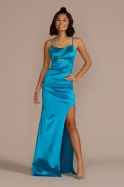 Scoop Neck Stretch Satin Sheath With Cutout