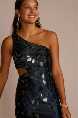 One Shoulder Cut Glass Stretch Satin Sheath - Image 3