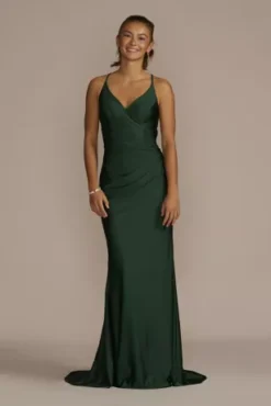 Stretch Satin V-Neck Mermaid Dress With Train