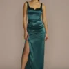 Notch Neck Textured Satin Sheath Dress With Slit