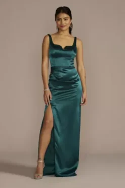 Notch Neck Textured Satin Sheath Dress With Slit
