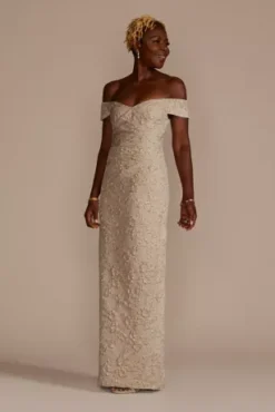 Off-the-Shoulder Stretch Metallic Jacquard Dress