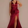 Plunging Satin Tank Sheath Dress With Slit