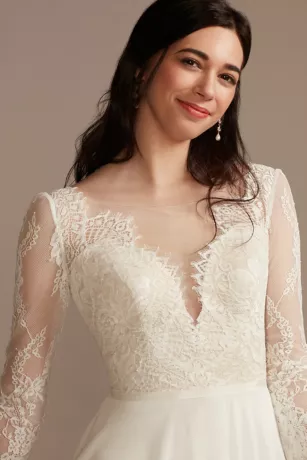 Long Sleeve Plunge Lace Chiffon Wedding Dress - Image 3