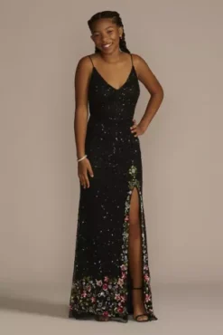 Allover Sequin Floral Embroidered V-Neck Sheath