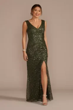 Sequin V-Neck Tank Sheath Dress With Slit