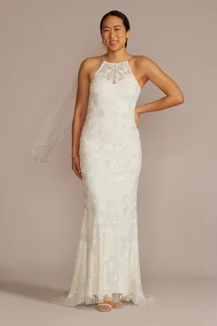 Allover Beaded High Neck Wedding Dress