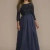 Three Quarter Sleeve Beaded Lace Ball Gown