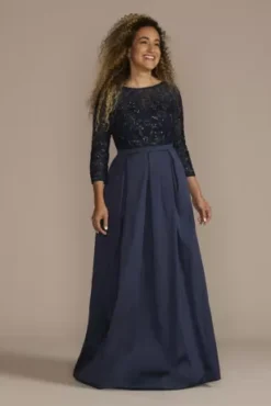 Three Quarter Sleeve Beaded Lace Ball Gown
