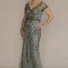 V-Neck Beaded Sheath With Illusion Sleeves