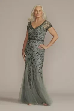 V-Neck Beaded Sheath With Illusion Sleeves