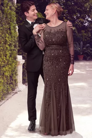 Long Sleeve Beaded Illusion Godet Hem Dress - Image 5