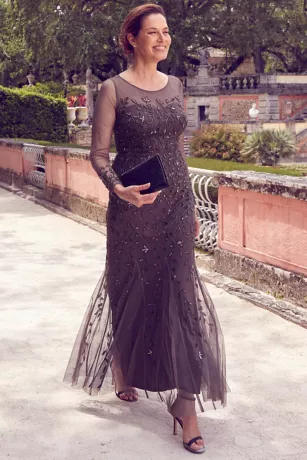Long Sleeve Beaded Illusion Godet Hem Dress - Image 6