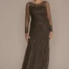 Long Sleeve Beaded Illusion Godet Hem Dress