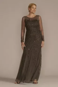 Long Sleeve Beaded Illusion Godet Hem Dress