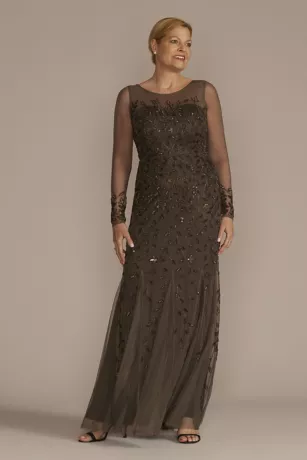 Long Sleeve Beaded Illusion Godet Hem Dress