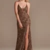 Beaded Sheath Gown With Illusion Cutout