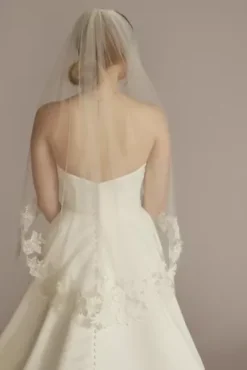 Embroidered Floral Applique Fingertip Veil